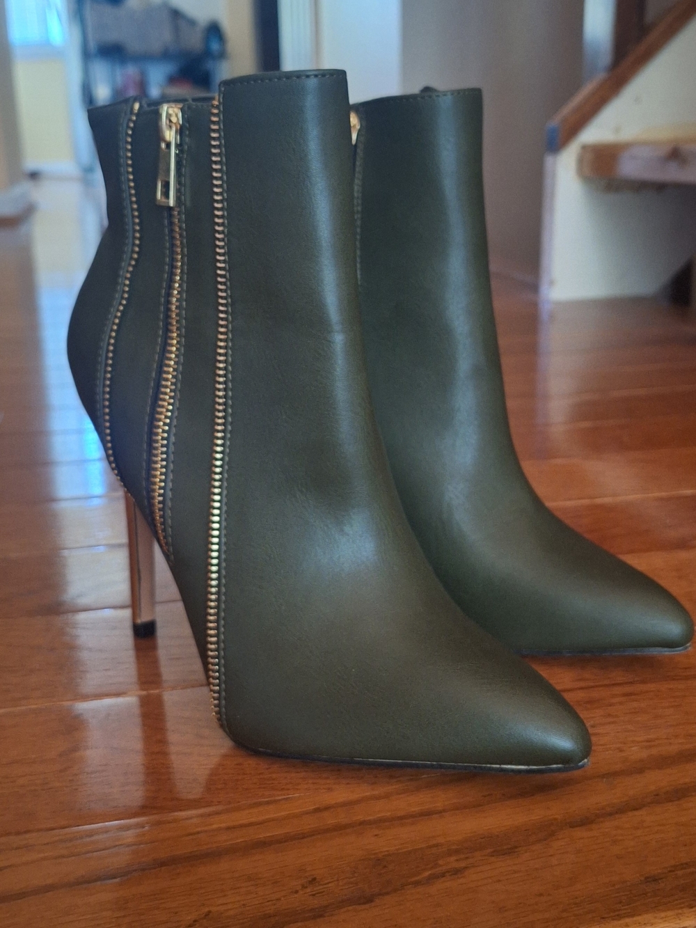 Women’s Olive Green Pointed-Toe Stiletto Ankle Boots with Gold Zipper